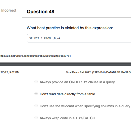 Final Exam Fall 2022: (22FS-Full) DATABASE MANAGEMENT II (001) f probably should
