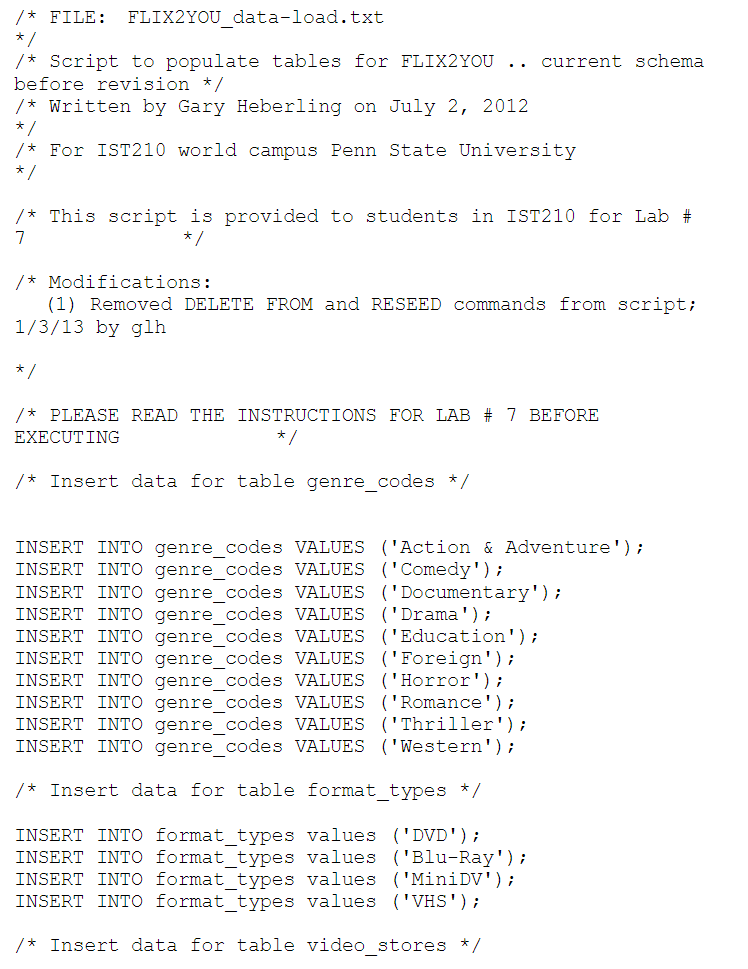/* FILE: FLIX2YOU_data-load.txt */ /* Script to populate tables for FLIX2YOU ..