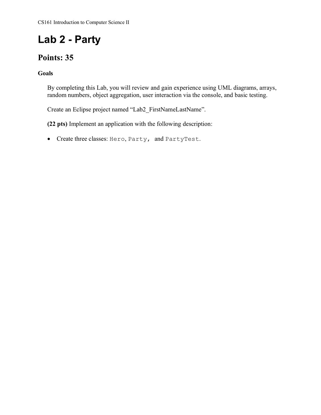 CS161 Introduction to Computer Science II Lab 2 - Party Points: 35