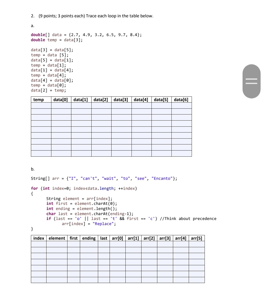to trace index. Also remember to initialize the array contents when an