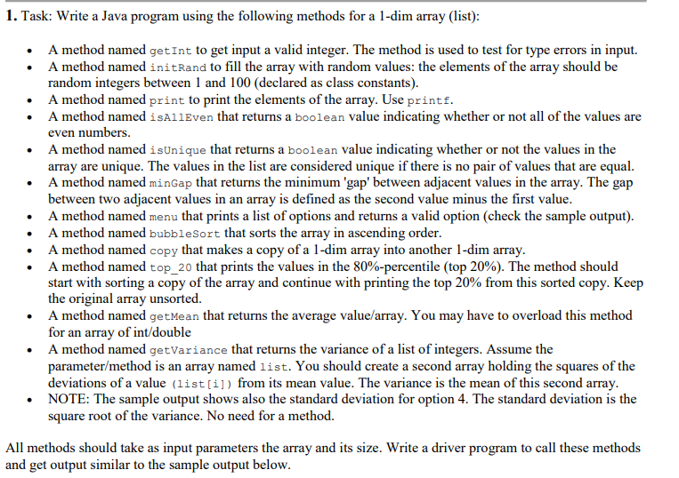 1. Task: Write a Java program using the following methods for a
