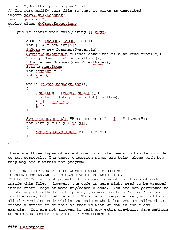 the 'MyGreatExceptions.java` file // You must modify this file so that it