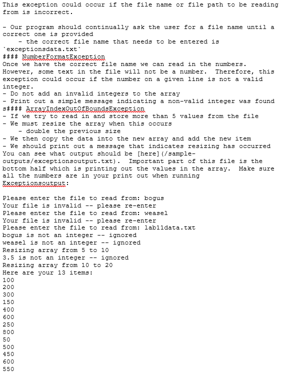 works as described import java.util.Scanner; import java.io.*; public class MyGreatExceptions { }