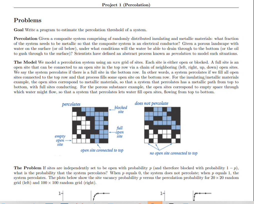 Problems Goal Write a program to estimate the percolation threshold of a