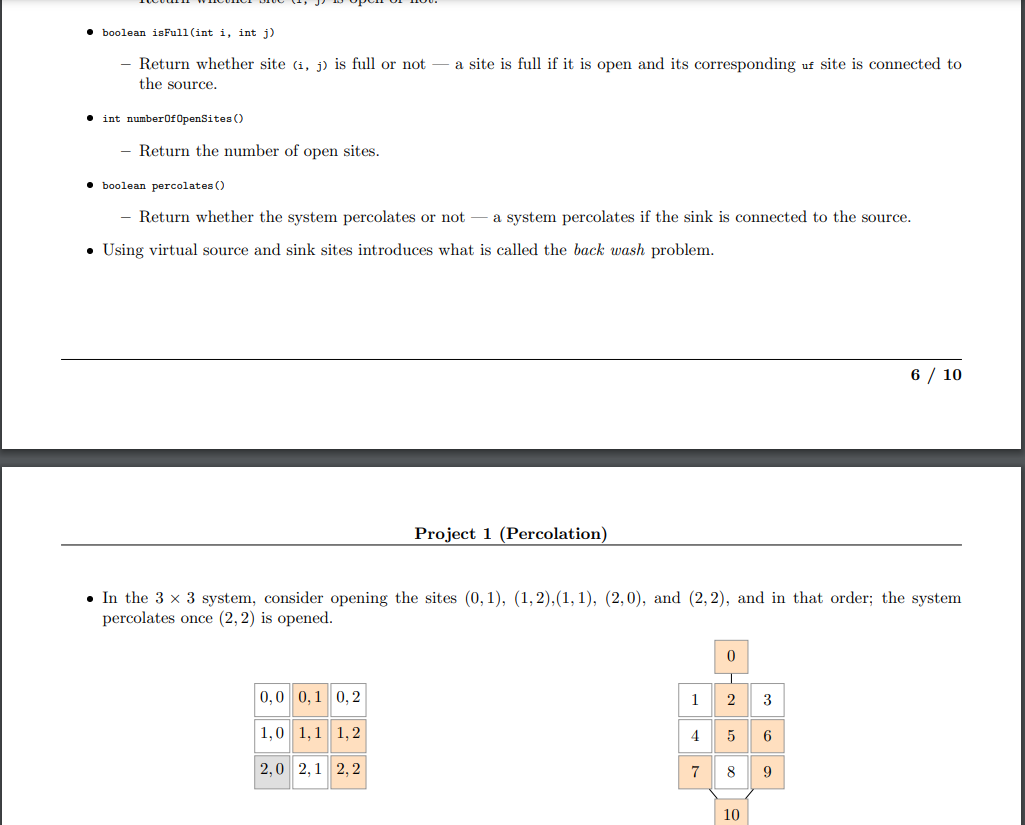 structure. UFPercolation implements Percolation UFPercolation(int n) constructs an n x n Corner