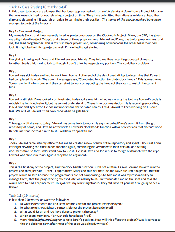 Task 1- Case Study (10 marks total) In this case study, you