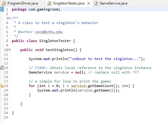 and SingletonTester classes. Begin by uploading CS 230 Project One Game App.zip