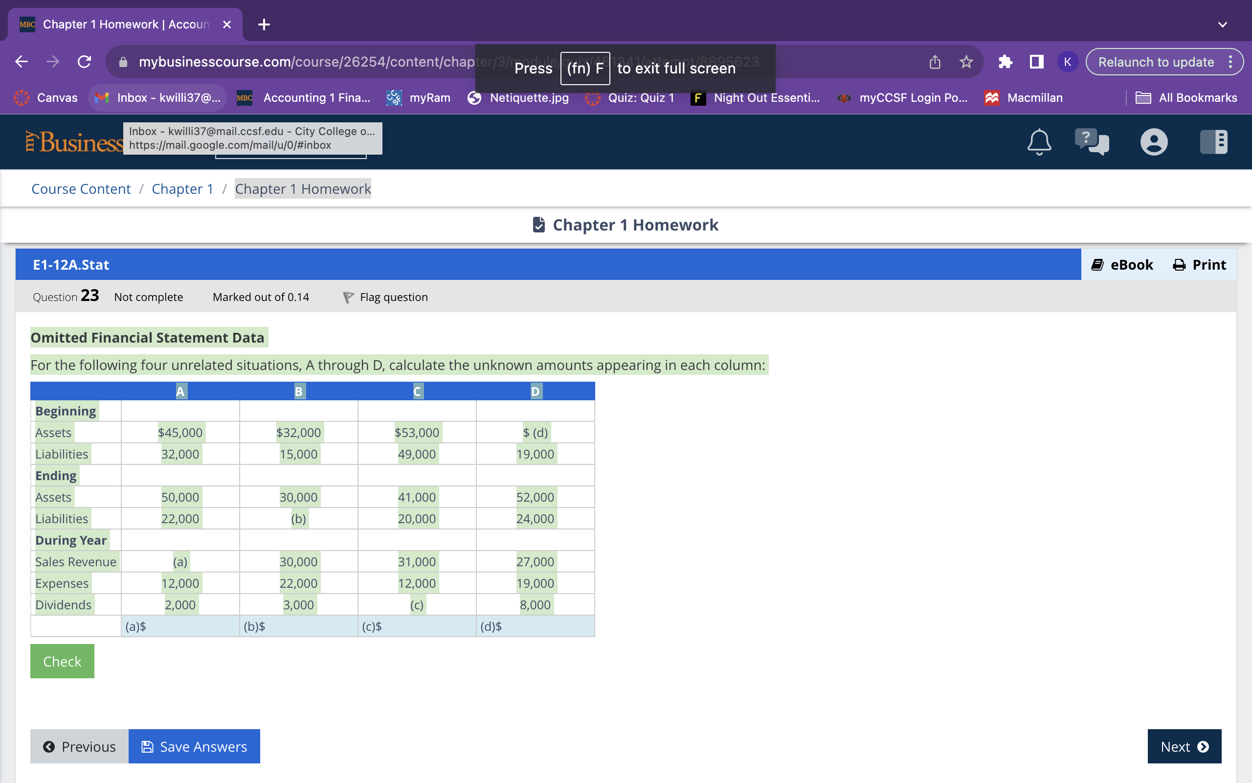 MBC Chapter 1 Homework | Accoun X Canvas Business https://mail.google.com/mail/u/0/#inbox E1-12A.Stat Course