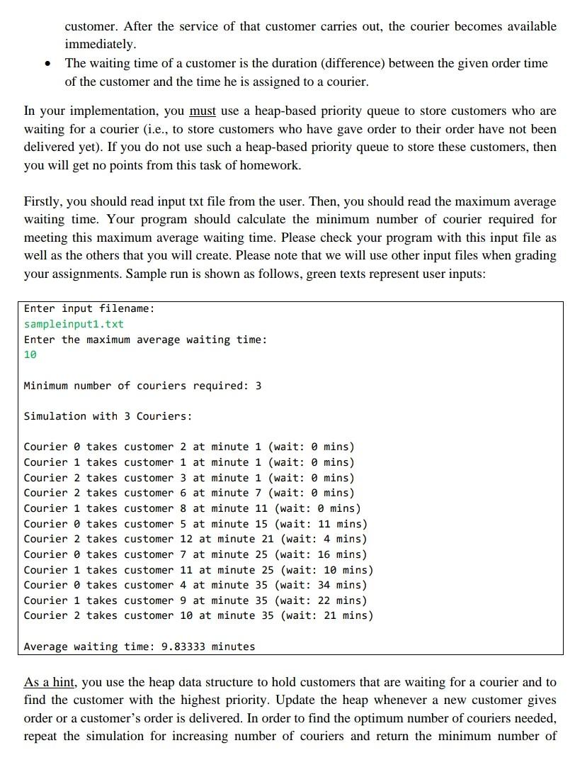 heap-based priority queue. The manager is trying to find how many couriers