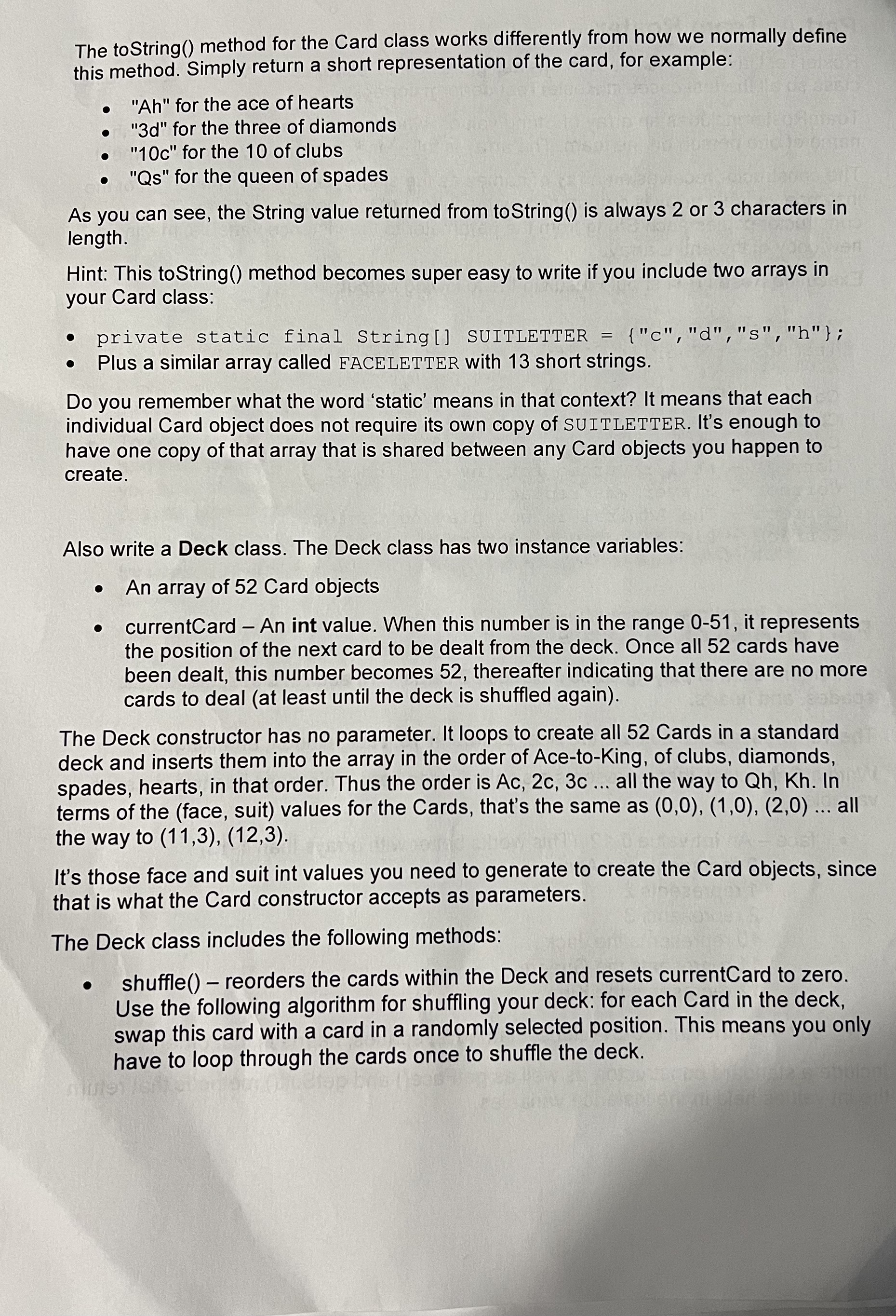 The to String() method for the Card class works differently from how