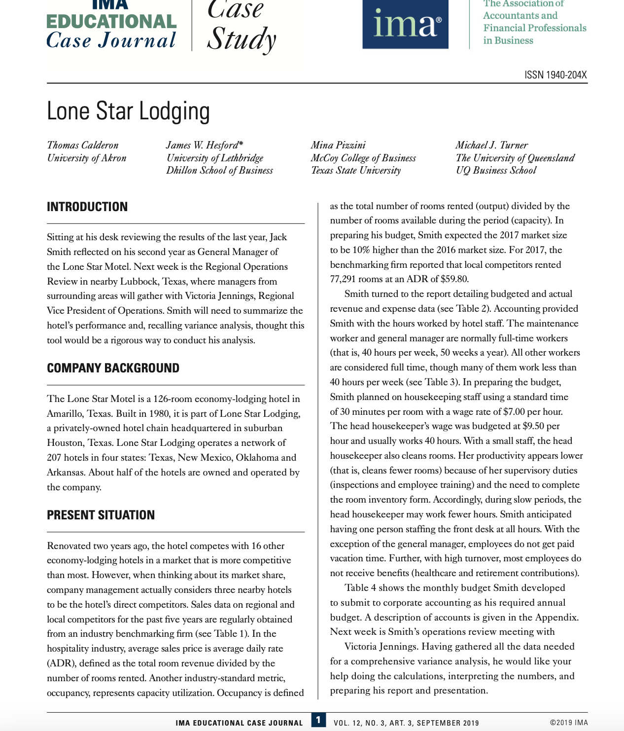 IMA EDUCATIONAL Case Case Journal Study Lone Star Lodging Thomas Calderon University