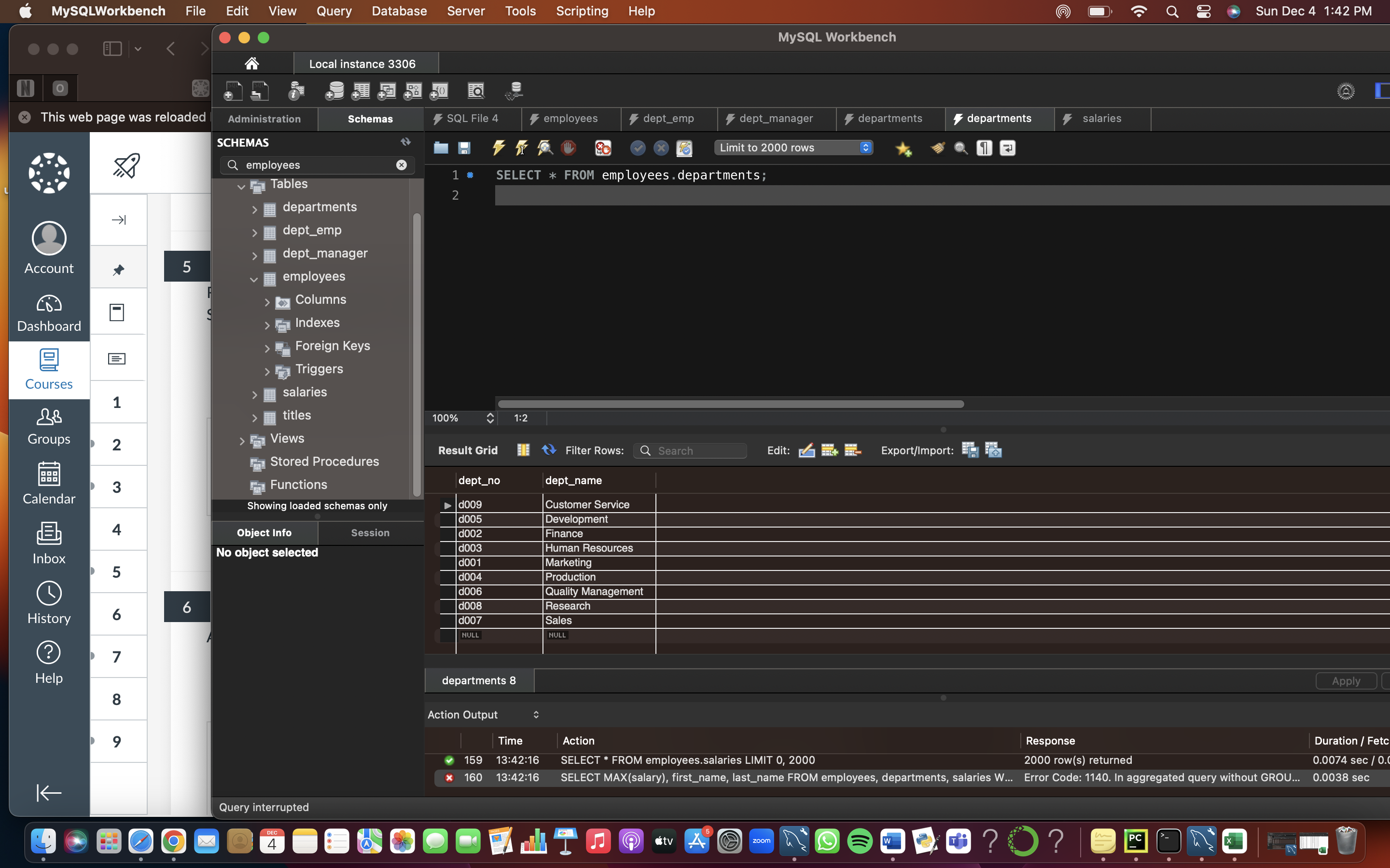 N X MySQLWorkbench File Edit View O This web page was reloaded