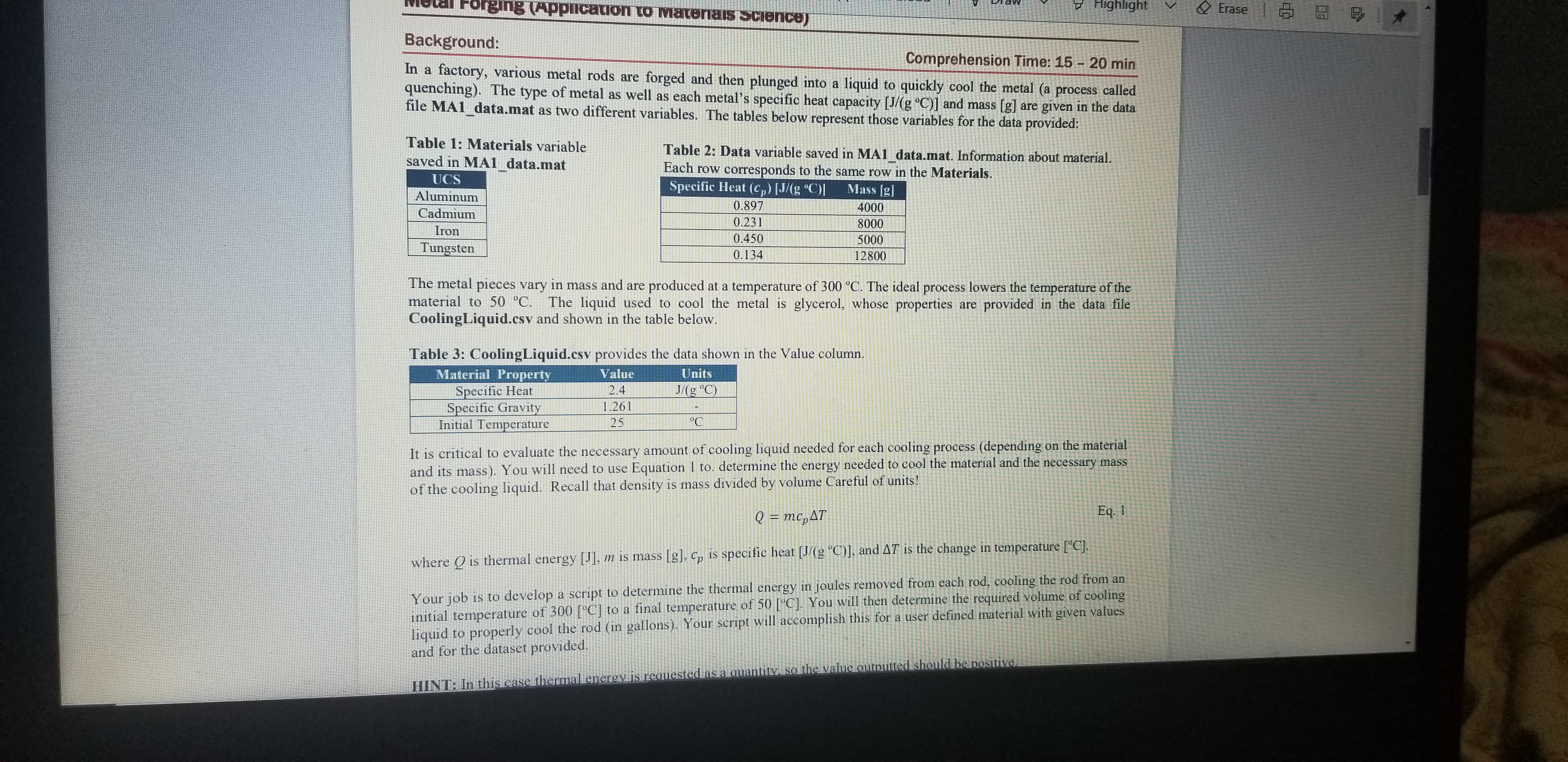 Forging (Application to Materiais Science) Table 1: Materials variable saved in MA1
