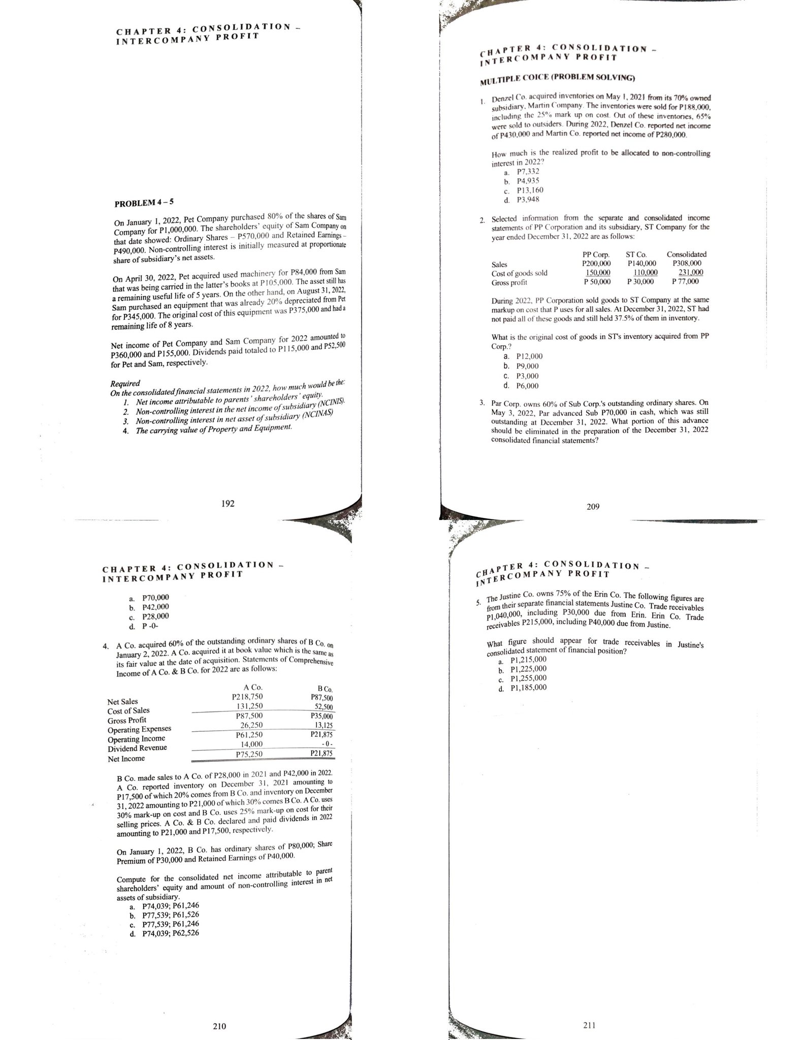 CHAPTER 4: CONSOLIDATION - INTERCOMPANY PROFIT PROBLEM 4-5 On January 1, 2022,