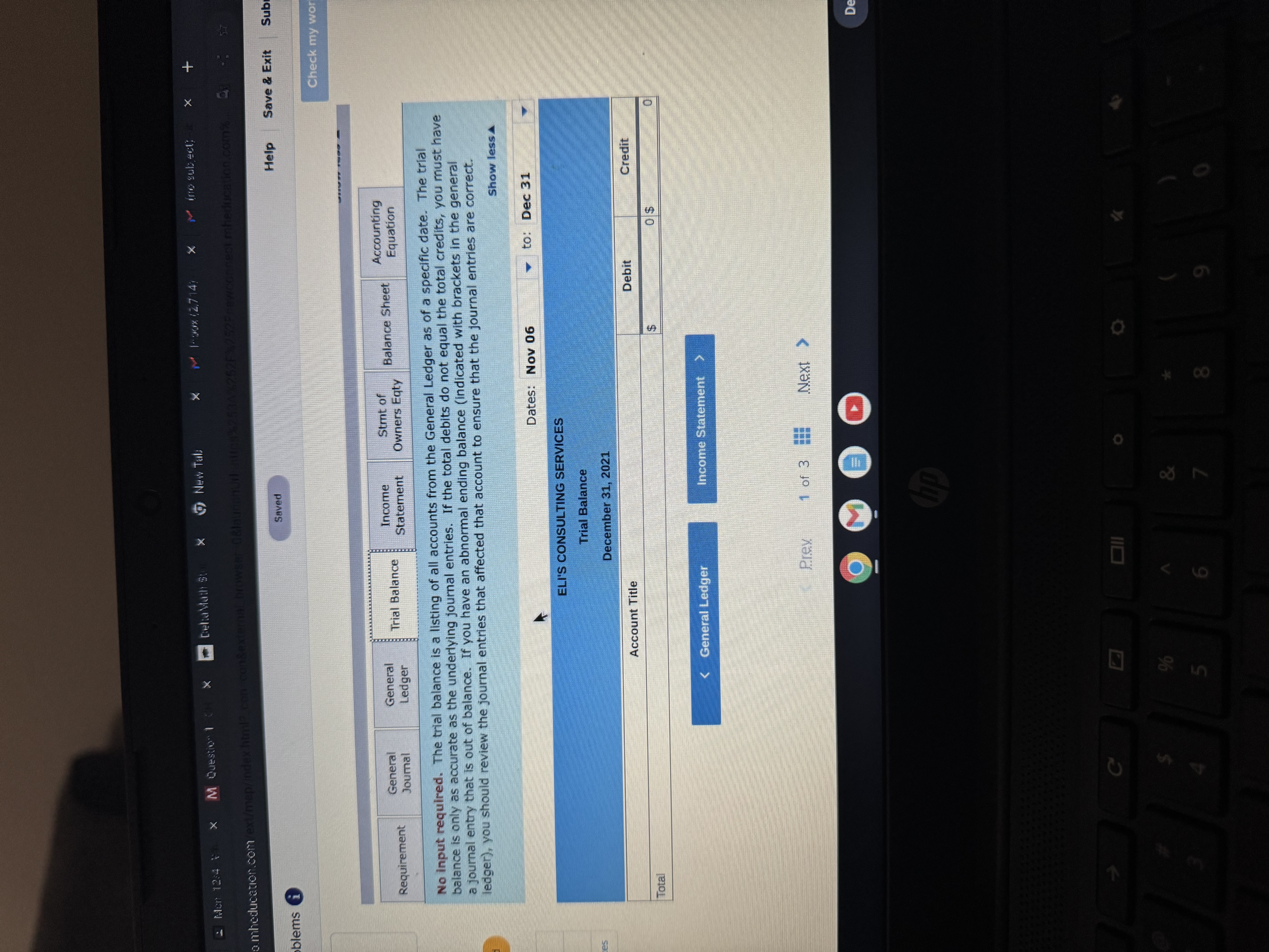 % 5 Trial Balance New Tab Saved Prev 6 On November 6,