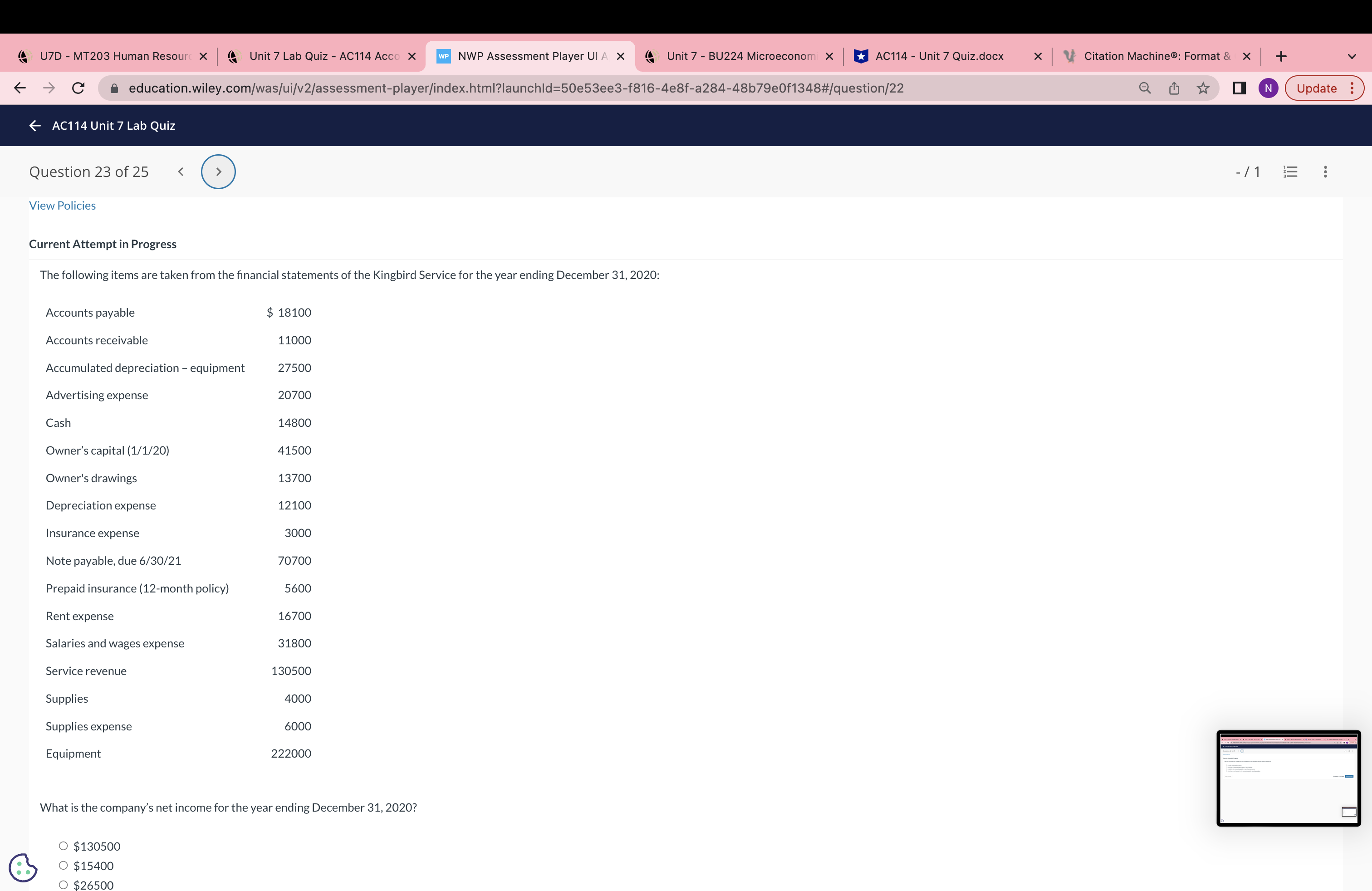 Progress Unit 7 Lab Quiz - AC114 Acco X WP NWP Assessment