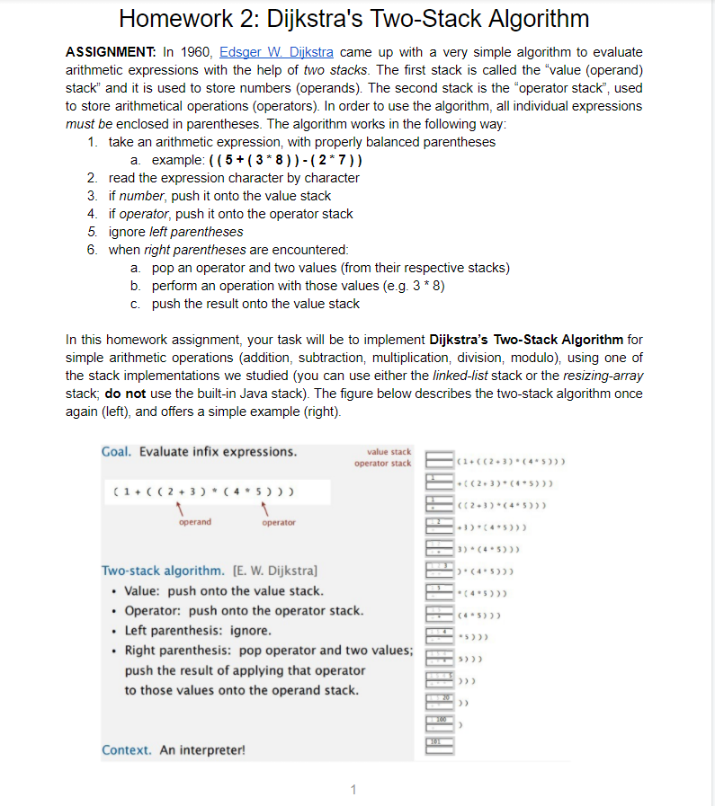 Homework 2: Dijkstra's Two-Stack Algorithm ASSIGNMENT: In 1960, Edsger W. Dijkstra came