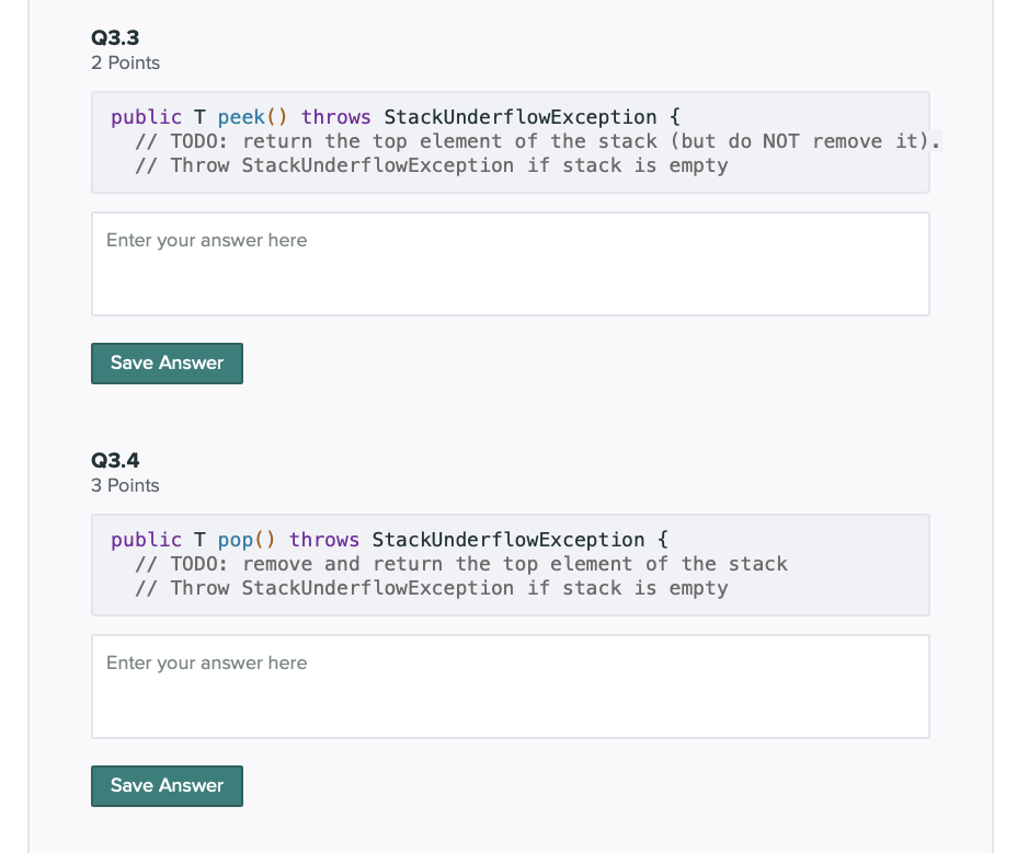 element onto the stack Predict the output of each of the following