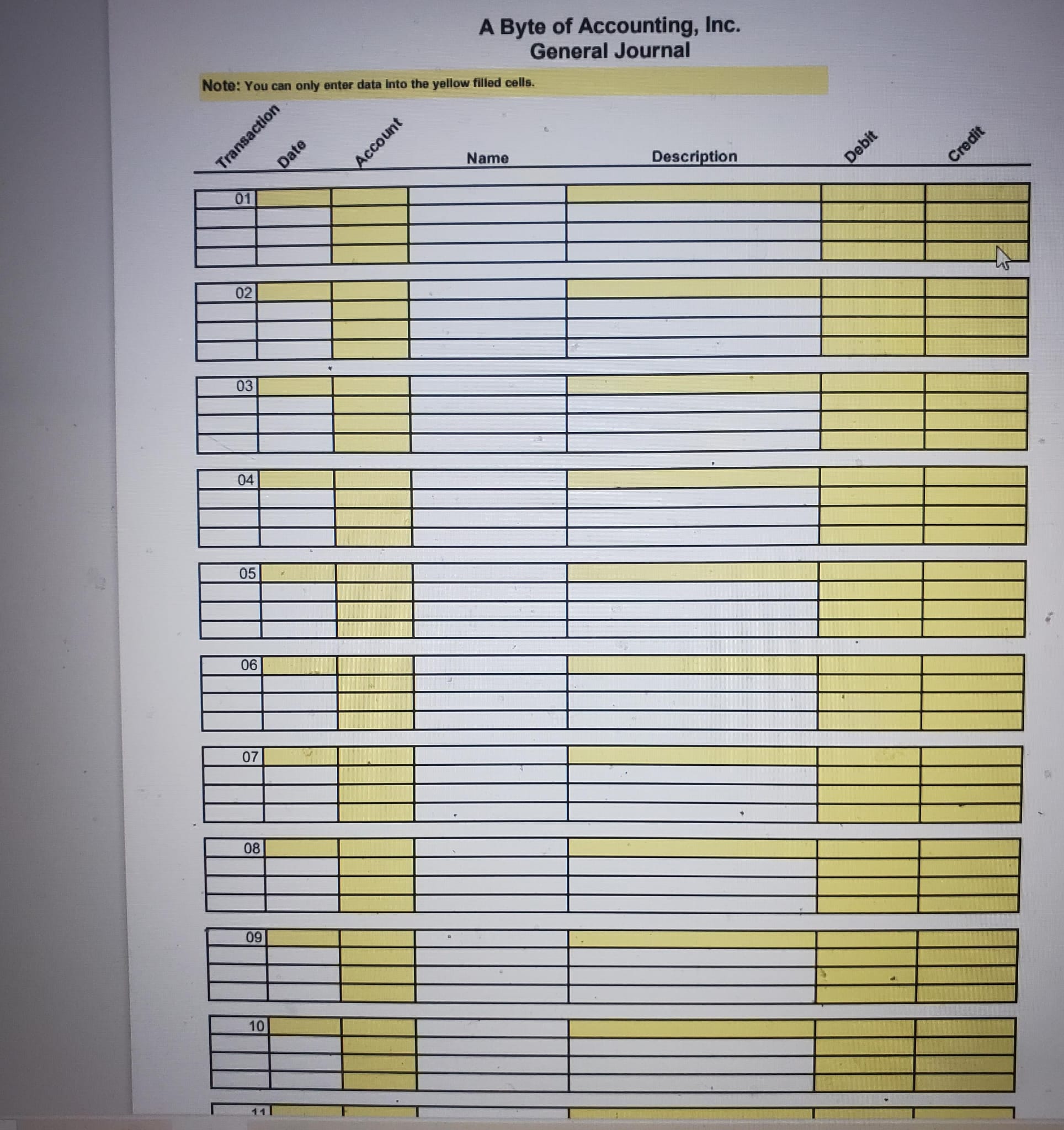 Note: You can only enter data into the yellow filled cells. 01