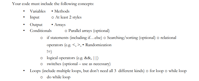 Your code must include the following concepts: Variables. Methods . . .