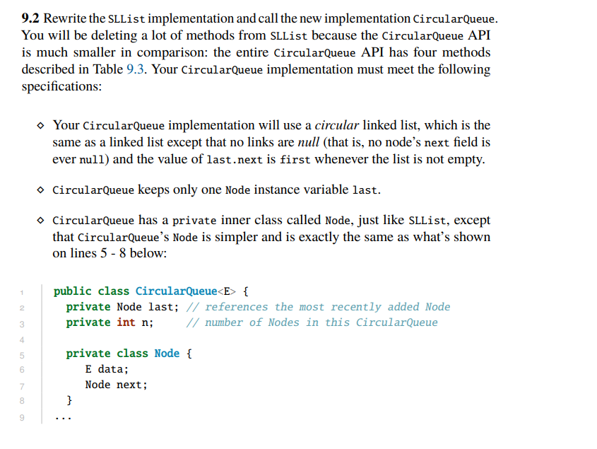 9.2 Rewrite the SLList implementation and call the new implementation CircularQueue. You