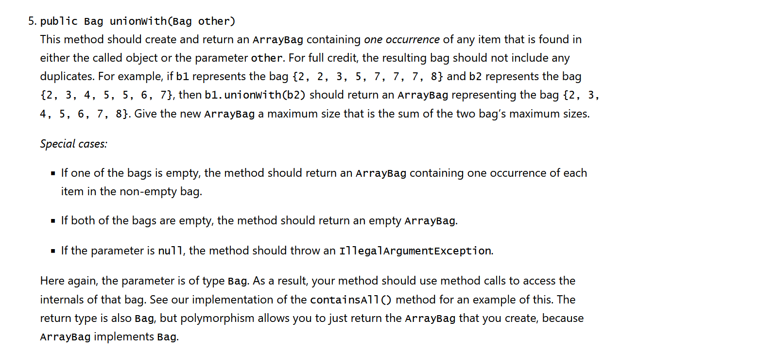 In addition, you should update the Bag interface that we have given