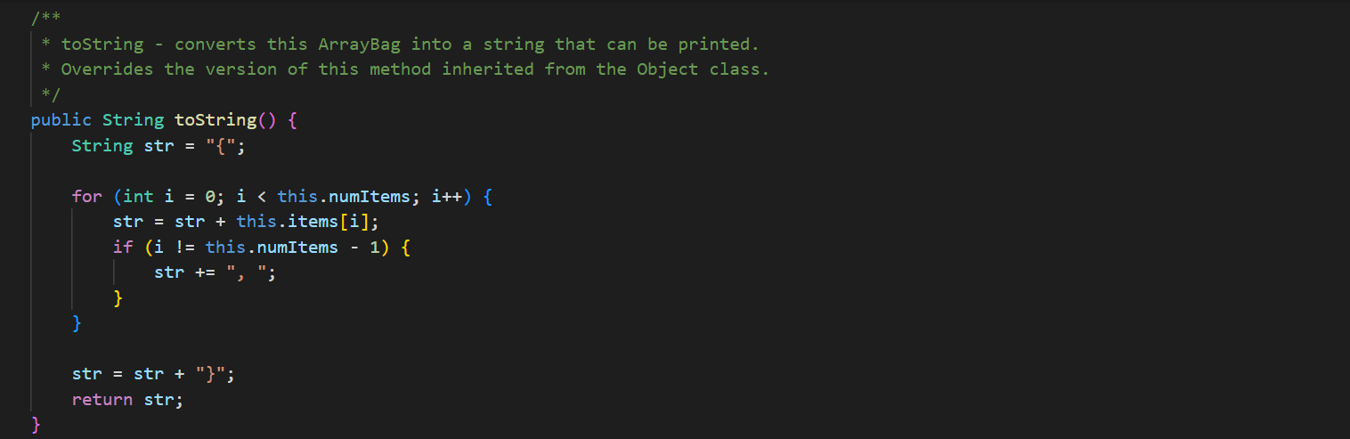 true if the called ArrayBag is full, and false otherwise. 3. public