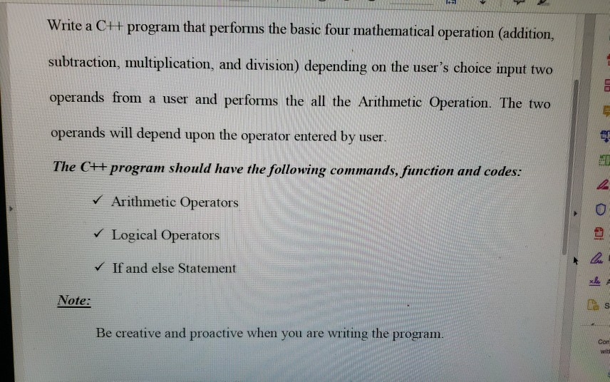 Write a C++ program that performs the basic four mathematical operation (addition,