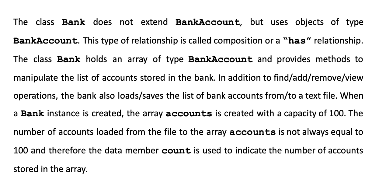 filename) : void +find (long number): BankAccount +add (BankAccount ba): boolean +remove
