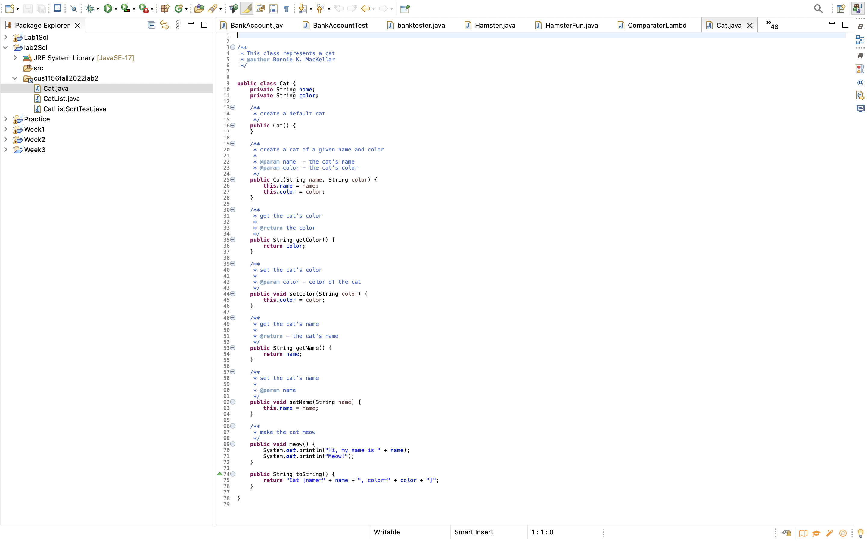 Package Explorer X Lab1Sol lab2Sol JRE System Library [JavaSE-17] src cus1156fall2022lab2 J