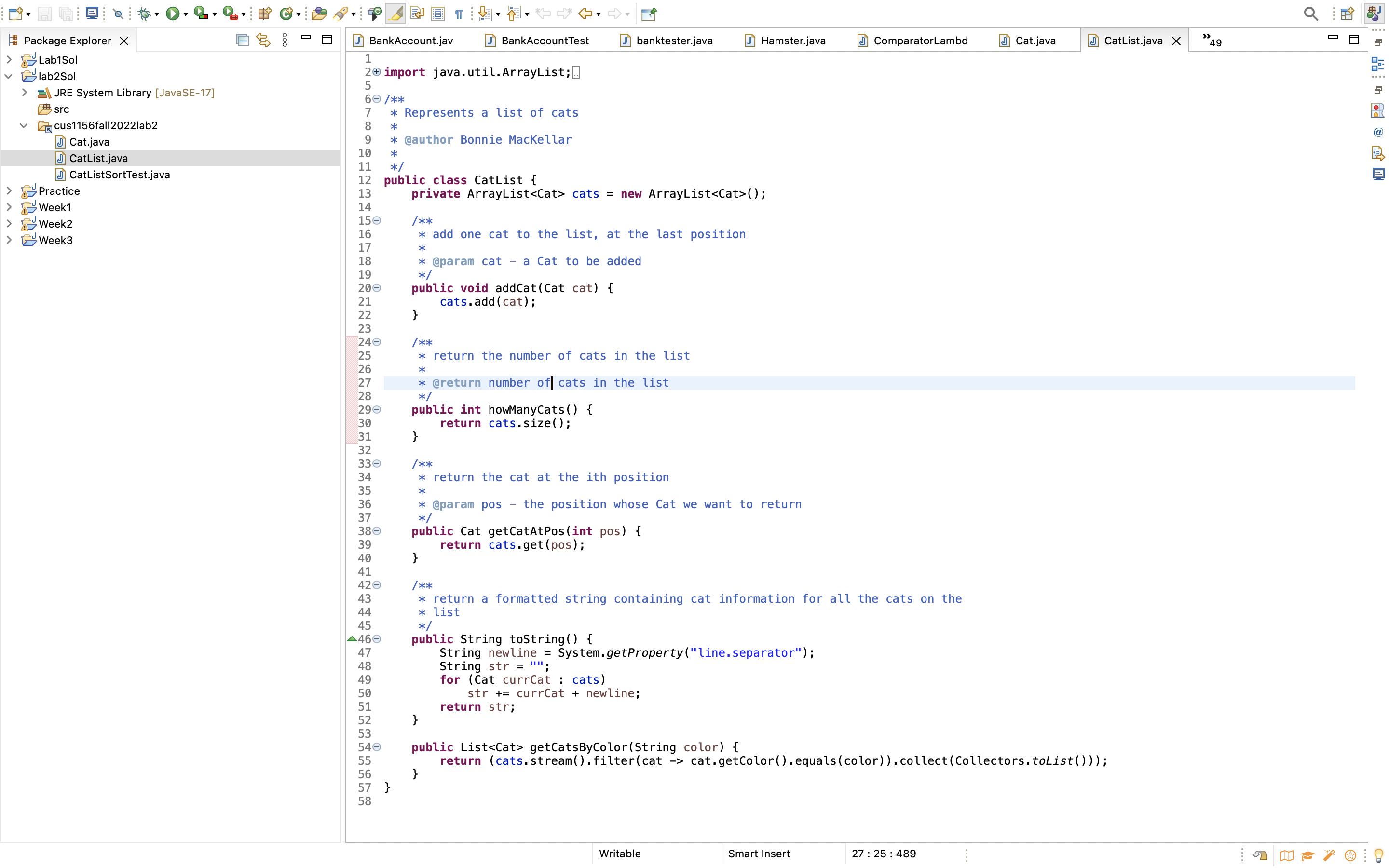Cat.java JCatList.java CatListSortTest.java Practice Week1 Week2 Week3 1 1 2 3 4