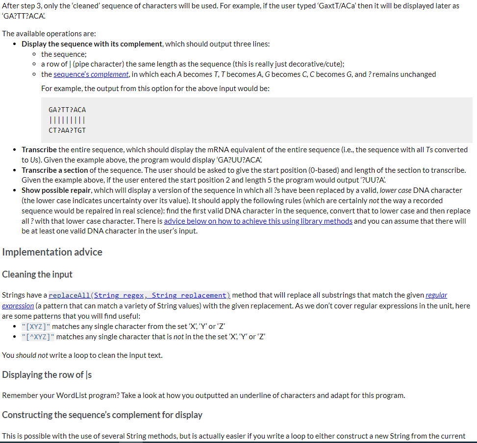 DNA Analyser, which will perform text operations on a String representing a