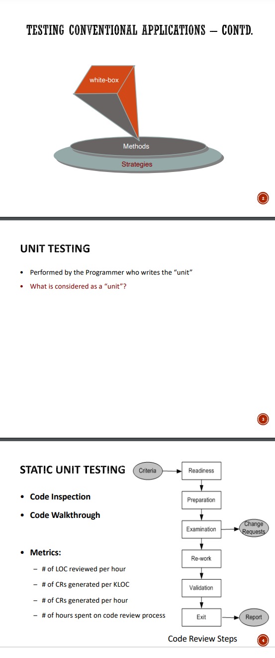 TESTING CONVENTIONAL APPLICATIONS - CONTD. white-box UNIT TESTING Methods Performed by the