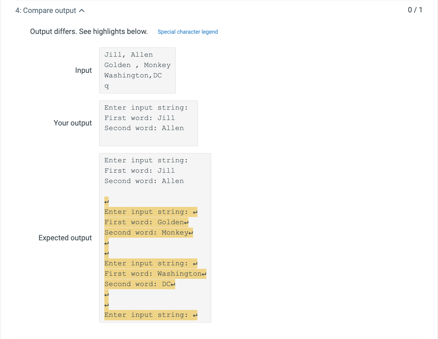 4: Compare output Output differs. See highlights below. Special character legend Input