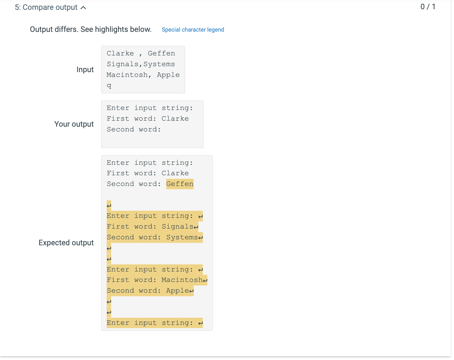 Your output Expected output Jill, Allen Golden, Monkey Washington, DC q Enter