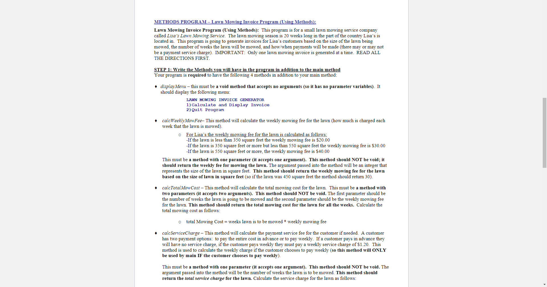 METHODS PROGRAM - Lawn Mowing Invoice Program (Using Methods): Lawn Mowing Invoice