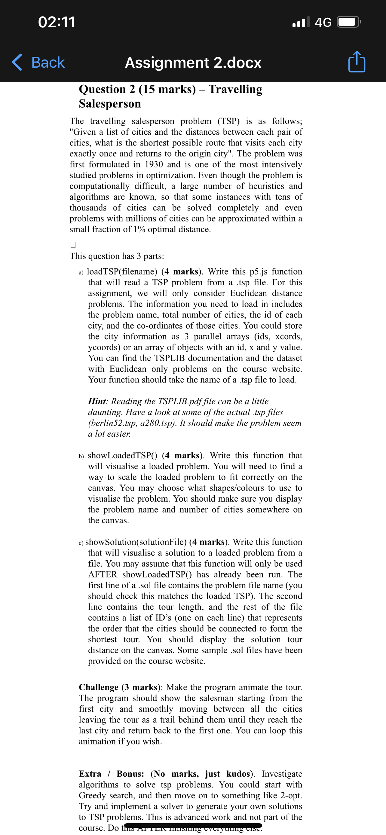 02:11 < Back Assignment 2.docx Question 2 (15 marks) - Travelling Salesperson