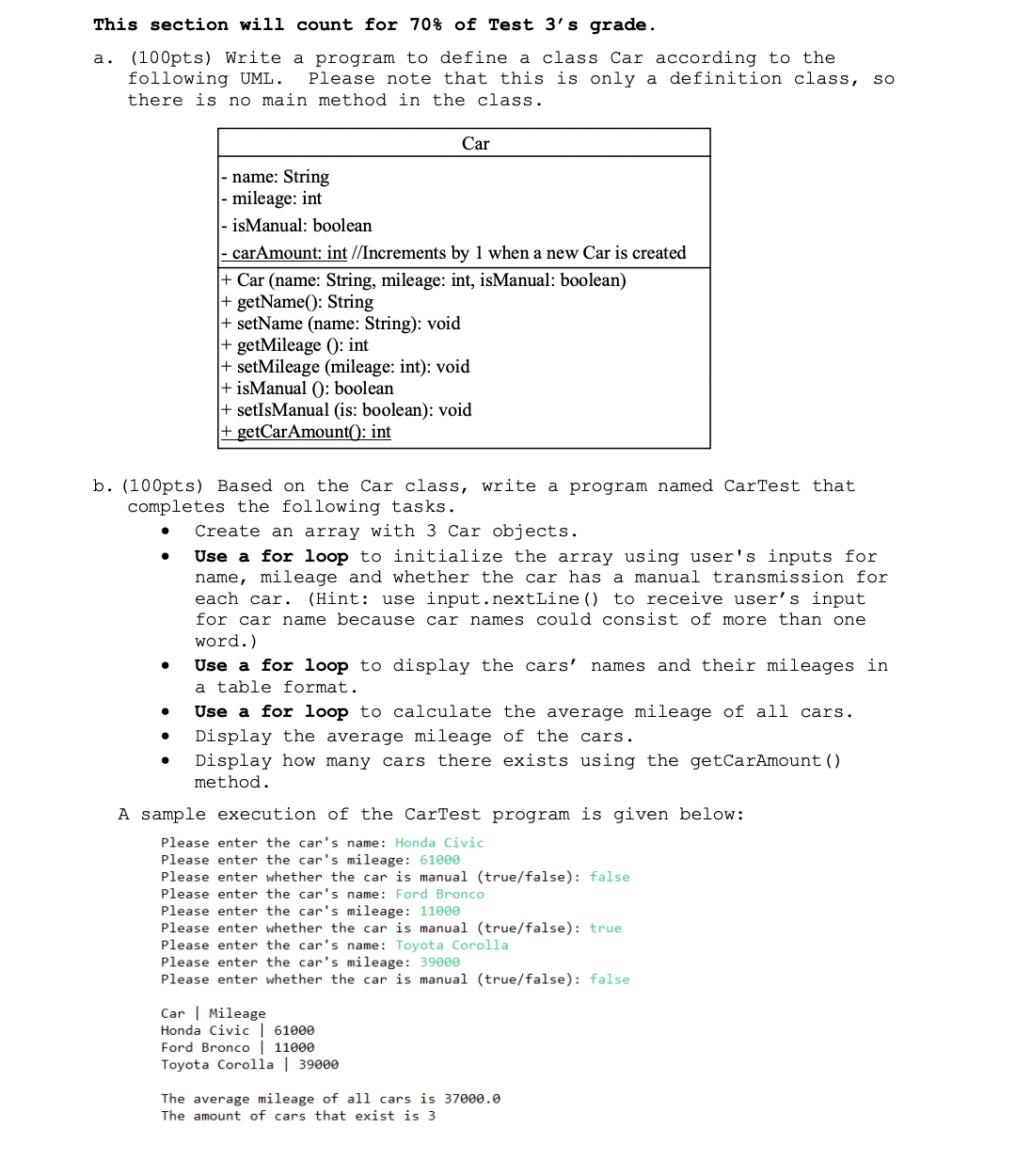 This section will count for 70% of Test 3's grade. a. (100pts)