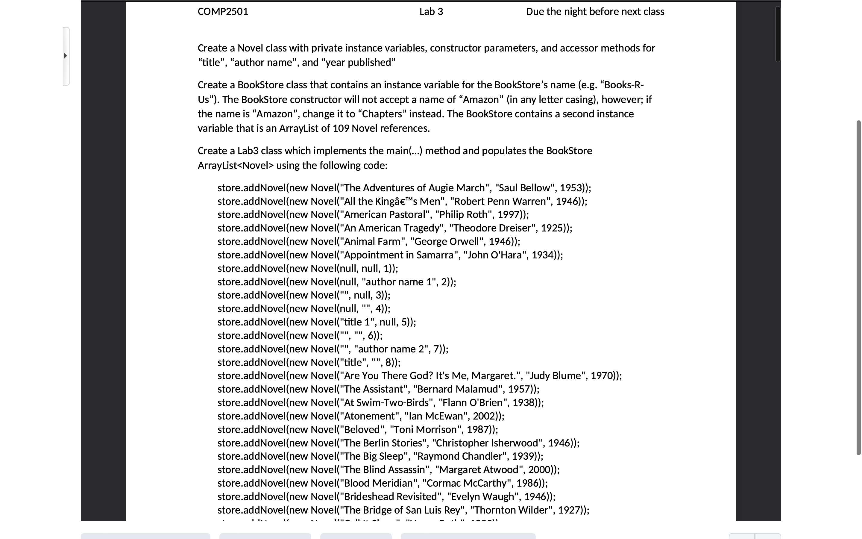 COMP2501 Lab 3 Create a Novel class with private instance variables, constructor