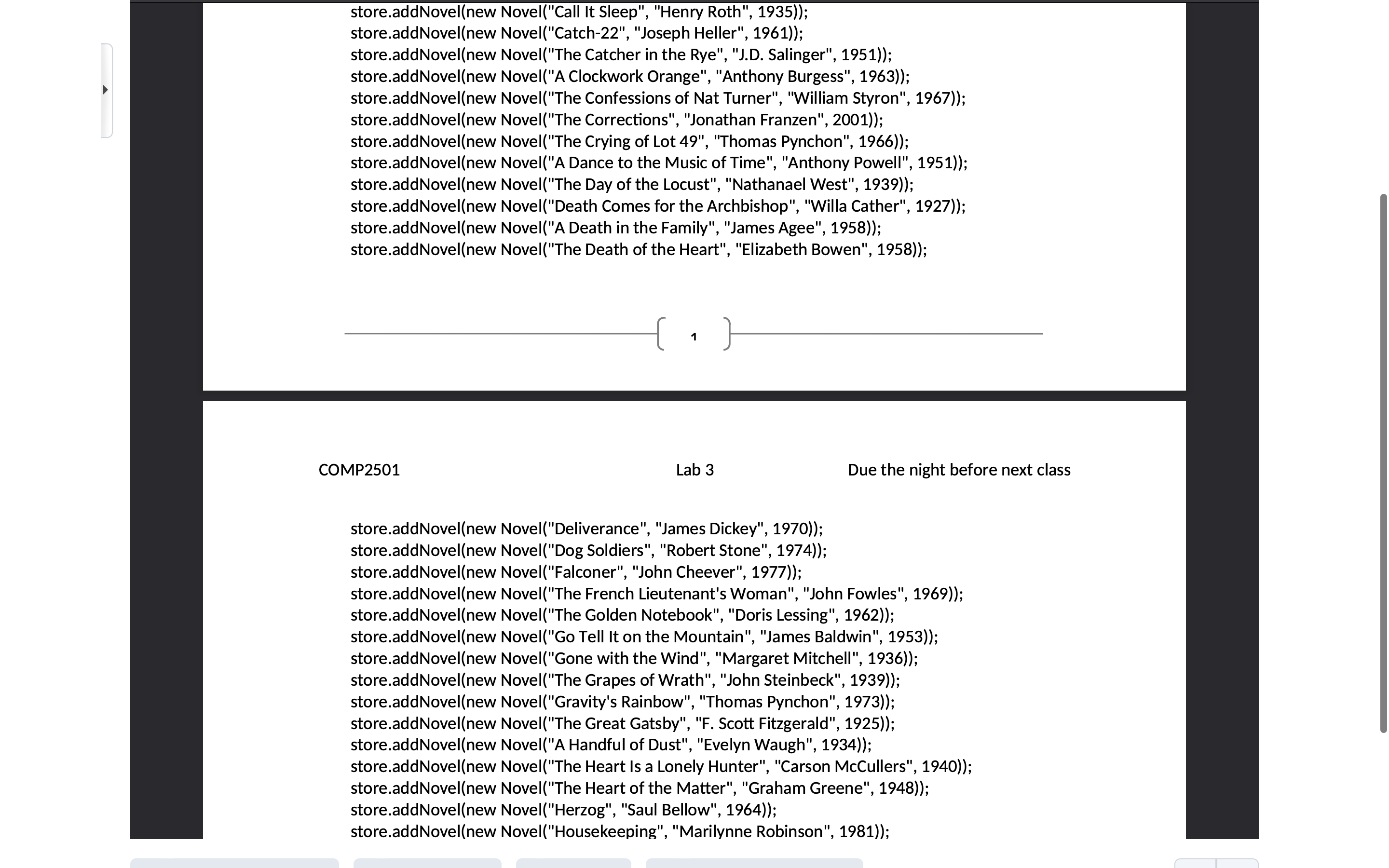 parameters, and accessor methods for "title", "author name", and "year published" Create