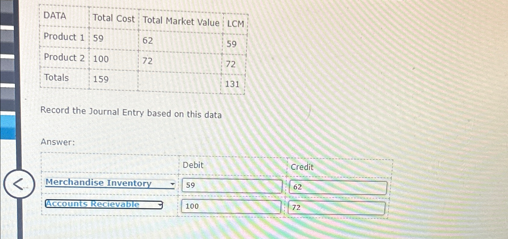 DATA Total Cost Total Market Value | LCM Product 1 59 62