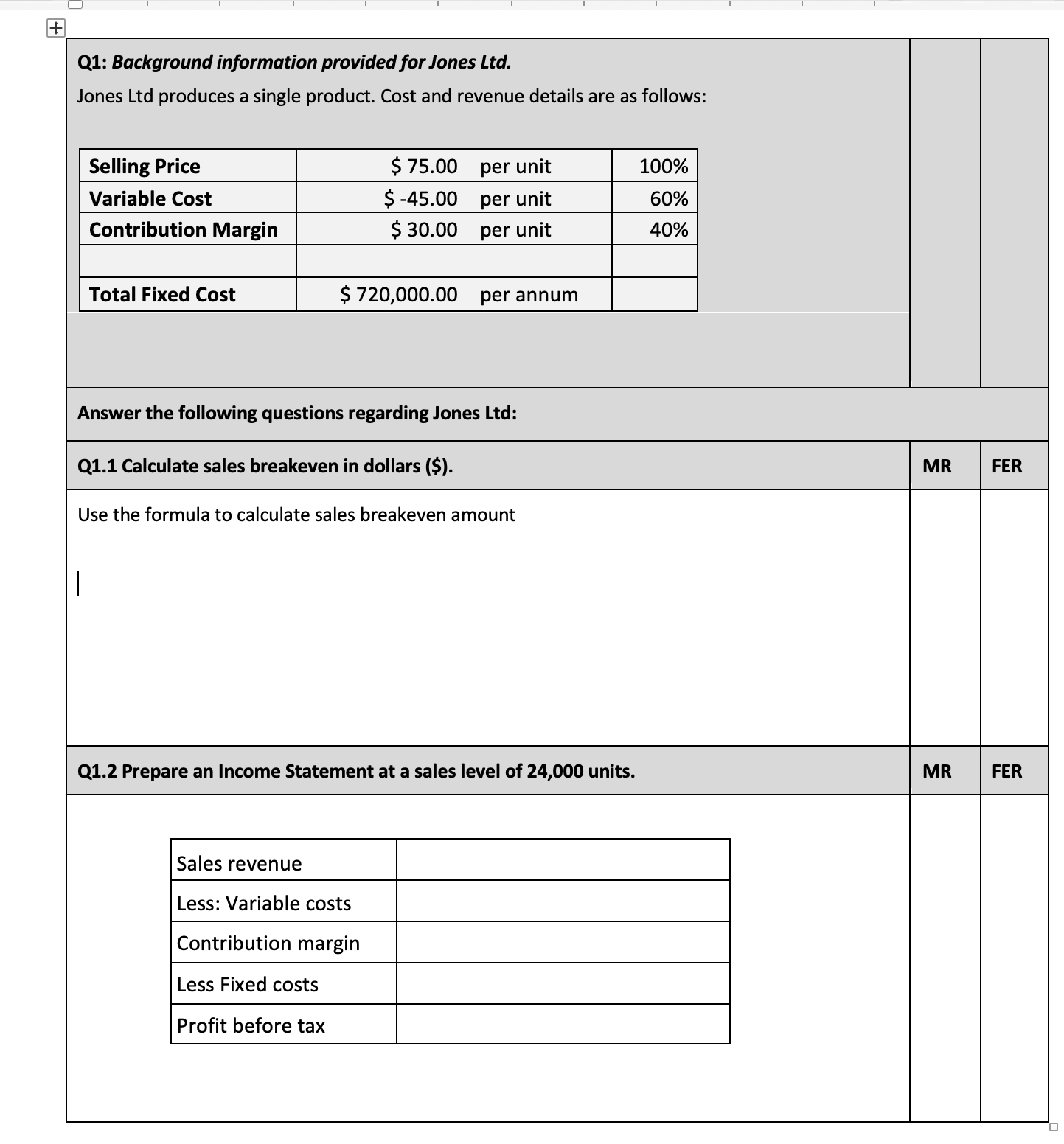 + Q1: Background information provided for Jones Ltd. Jones Ltd produces a