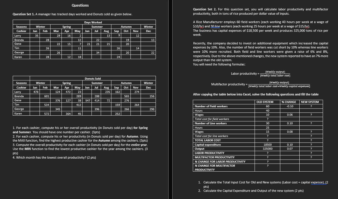 Questions Question Set 1. A manager has tracked days worked and Donuts