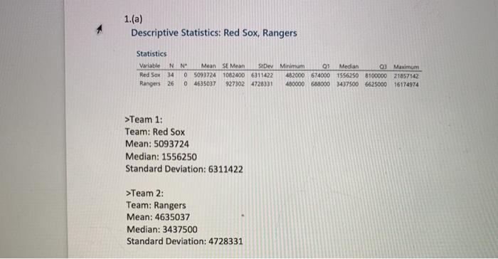 1.(a) Descriptive Statistics: Red Sox, Rangers Statistics Variable NN Mean Red Sox