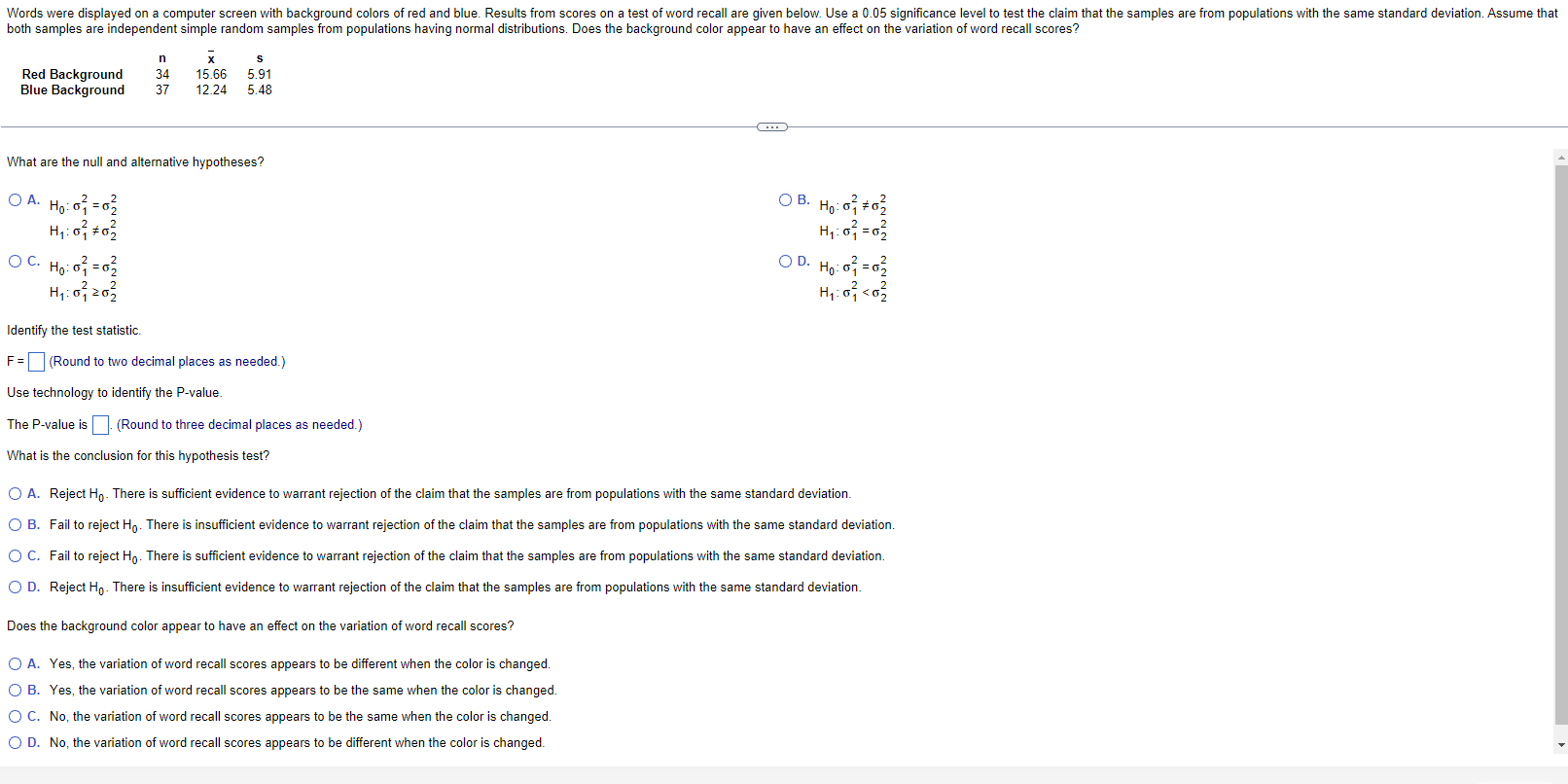 Words were displayed on a computer screen with background colors of red