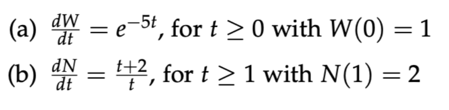 (a) dW = e5t, for t 0 with W(0) = 1 dt