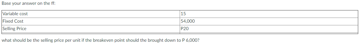 Base your answer on the ff: Variable cost Fixed Cost Selling Price