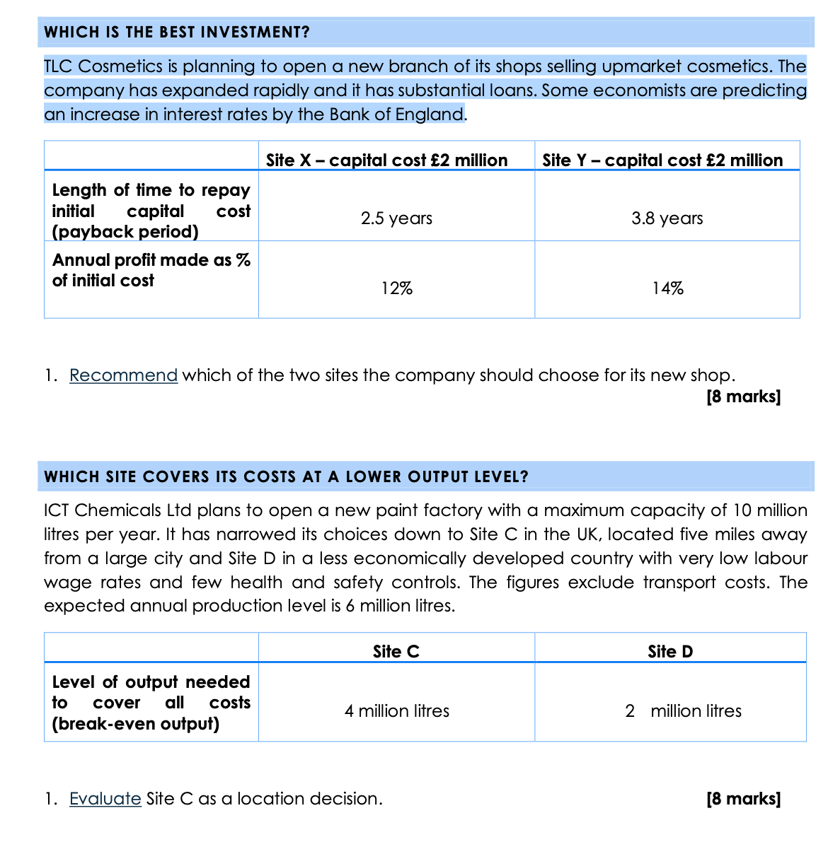 that follow. 26 marks, 45 minutes PROFITS IN DIFFERENT LOCATIONS Site A