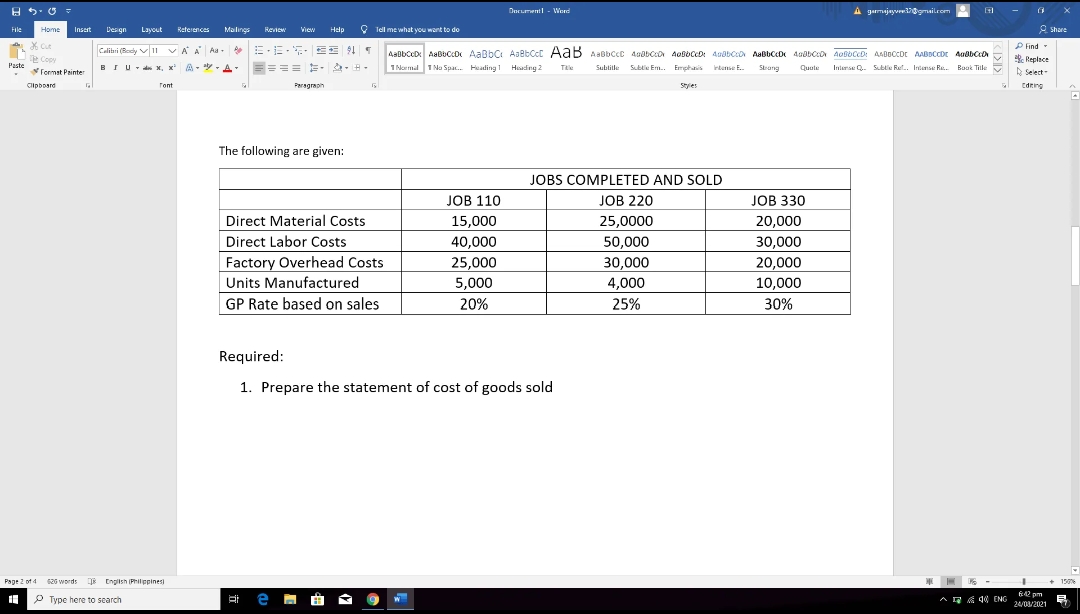 Document! Word A garmajay@gmail.com [1] Share File Home Insert Design Layout References