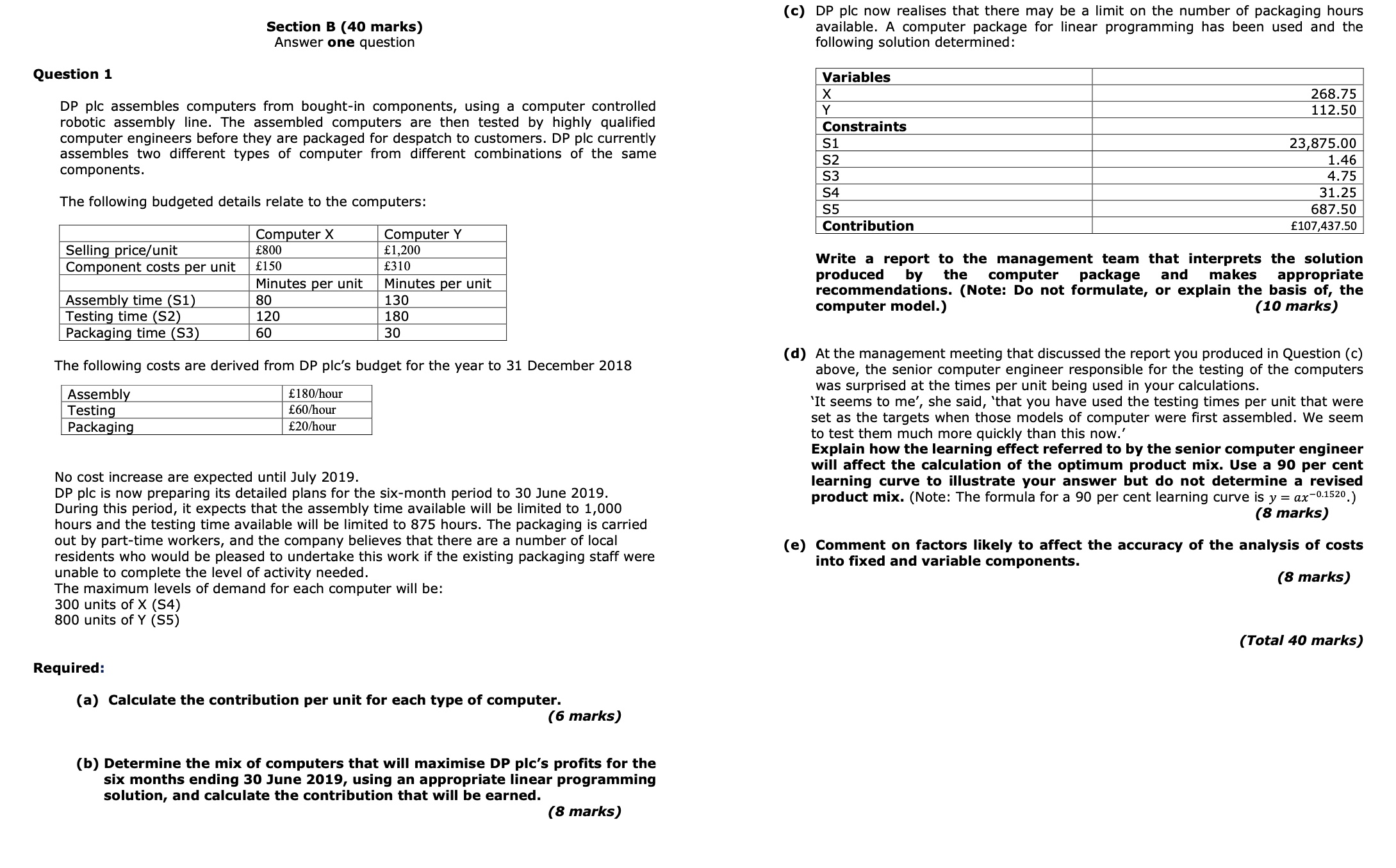 Section B (40 marks) Answer one question (c) DP plc now realises